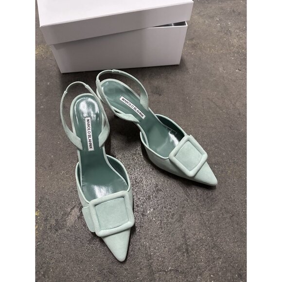 Manolo Blahnik Maysli 70 Suede Pump Heels Light Green - Picture 4 of 7